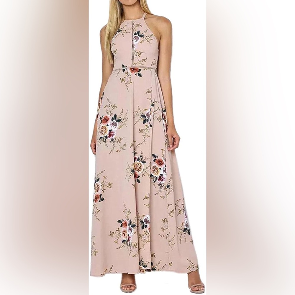 Light Pink Halter Floral Split Maxi Dress - Size Small